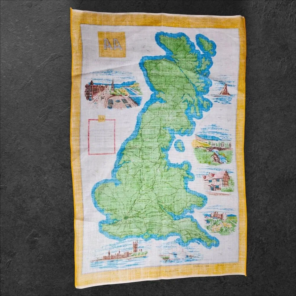 Vintage AA Automobile Association Great Britain Map Linen Wall Hanging Yellow